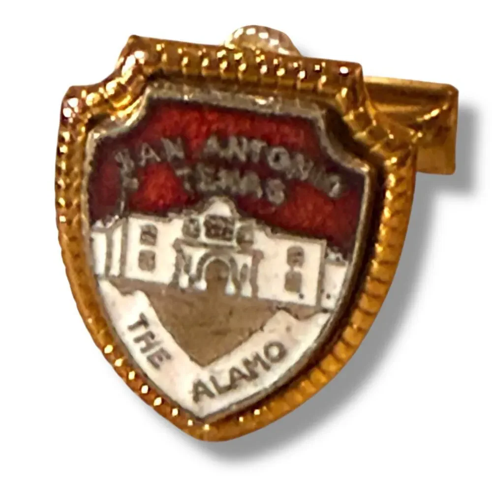 Vintage Stag Cufflinks and Tie Clip Set Gold Tone Enamel San Antonio Alamo